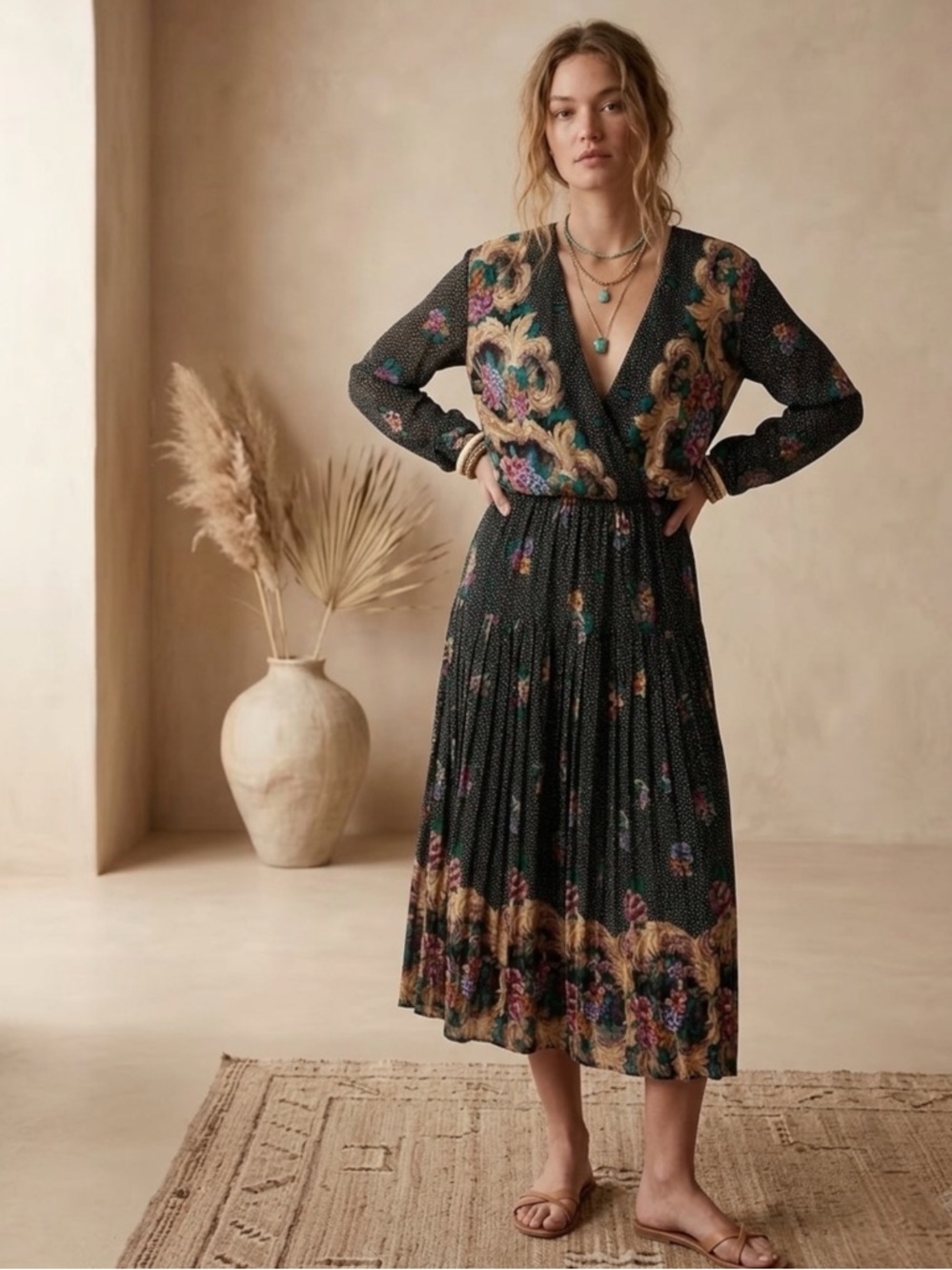 Vintage 80s PHOEBE Mixed Print Midi Dress Black Boho Floral & Polka Dot Pleated